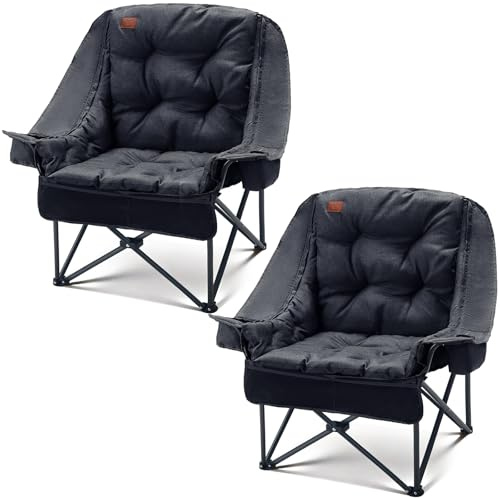 EVER ADVANCED 2-in-1 Oversized Camping Chair with 6cm Removable Cushion | Heavy Duty Folding Chair, Padded, Cooler Bag, 180kg Capacity, Cup Holder, Side Pocket for Fishing, Garden, 2Pcs, Black