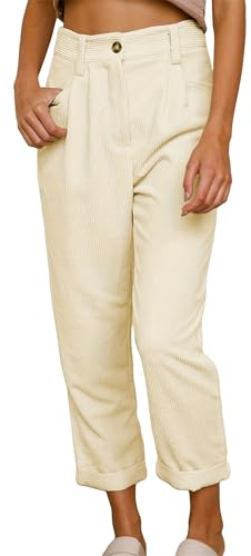 Pantalon décontracté en velours côtelé taille haute à jambe droite pour femme - Pantalon ample et confortable avec poches pour début d'automne vintage, ecru, M