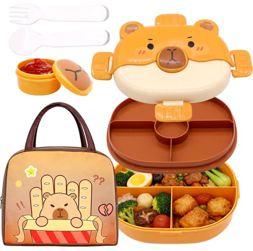 Capybara Scatole Bento Kit, Porta Pranzo Lunch Box con Borsa Termica Posate Schiscetta Pranzo con Scomparti Borse Frigo Pranzos Bento Box Studente Portapranzo Portatile per Uffici Picnic Scuola