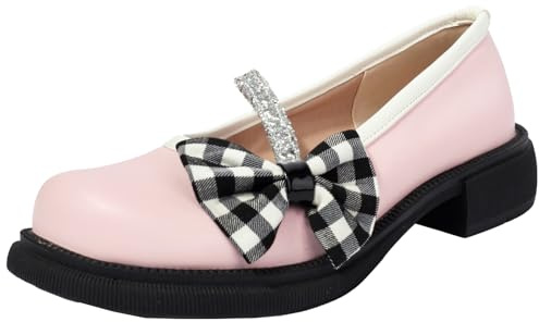 BULVJ Women's Retro Round Toe Mary Jane Court Shoes with Bow Detail and Comfort Low Block Heel Pink