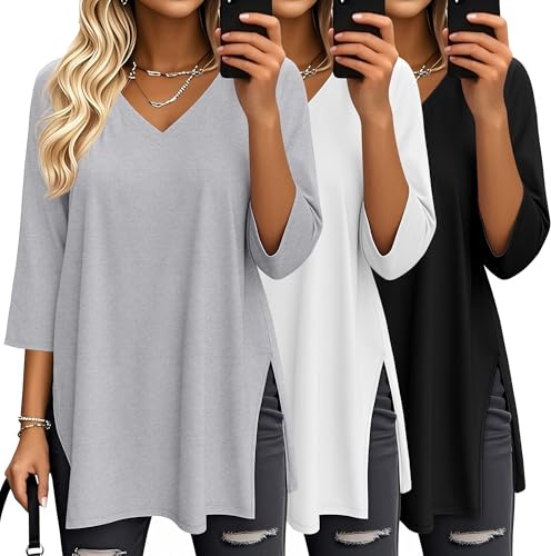 Suilung – Lot de 3 T-Shirts Oversize pour Femme – Manches 3/4, Col en V, Coupe Tunique, Fentes Latérales Modèle Basique(XXL,Noir, Blanc, Gris)