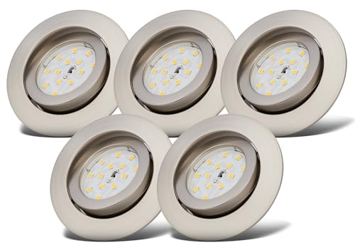 B.K.Licht - 5er Set LED Einbaustrahler 230V dimmbar in Stufen, schwenkbar, Lochdurchmesser 68mm, LED Spot, flach, Deckenspots, Spots, Einbauleuchten, Einbauspots, 82x28 mm, Matt-Nickel