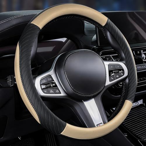 Universal Car Steering Wheel Cover Leather 37-38 cm Soft Microfiber - Beige | YGYQZ, 14.5-15 Inches, Fit Most of Cars, Anti-slip, Breathable, Patchwork Design