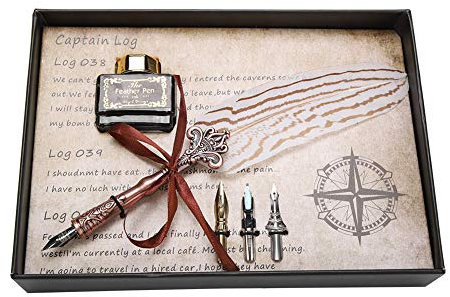 Hakeeta Schreibfeder Geschenkbox, Retro Federstift mit 3 Ersatzspitzen, Tintenflasche usw. geeignet, Hochzeitdeko, Deko für Zuhause/Büro(Weiß)