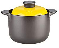 Kitchen Stoneware Cooking Pot Tureen Soup Casserole Dish with Lid, Chinese Soup/Clay/Earthen Pot with Double Handle and Yellow Lid, Ceramic Cookware, Round Black (2.5 Liter)