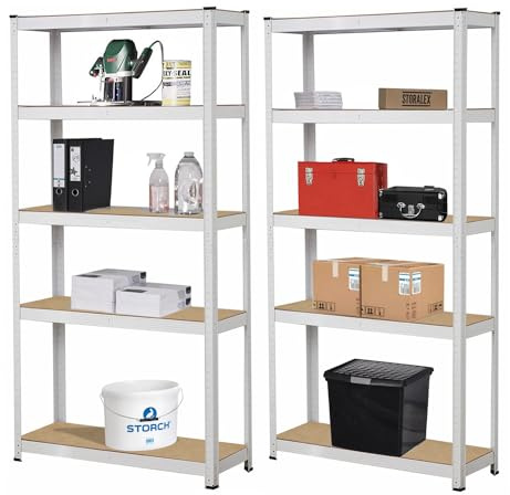 Brigros Scaffale Metallo Garage 180x90x40cm Ad Alta Portata 875kg, 5 Ripiani Mdf, Scaffale Salvaspazio Ideale Per Garage, Officina, Cantina, Magazzino, Design Modulare (Doppio, Bianco)