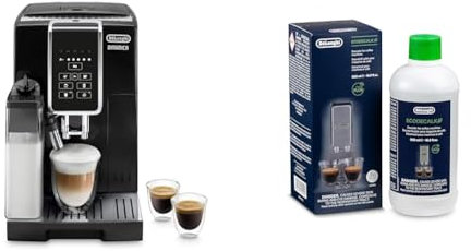De'Longhi Dinamica ECAM 350.55.B Kaffeevollautomat mit Milchsystem, Cappuccino, Espresso und Kaffee auf Knopfdruck, Digitaldisplay mit Klartext, 2-Tassen-Funktion, Schwarz mit DLSC 500 Entkalker