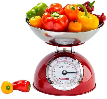 Steelex Traditional Kitchen Scales 5kg Capacity - Large Bowl with Pouring Lip (Red)