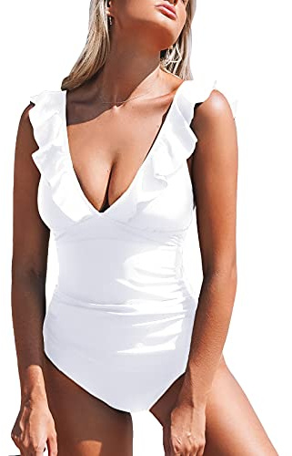 CUPSHE Women One Piece Swimsuit Ruffled Lace Up Beach Swimwear Tummy Control Swimming Costume Bathing Suit White XS