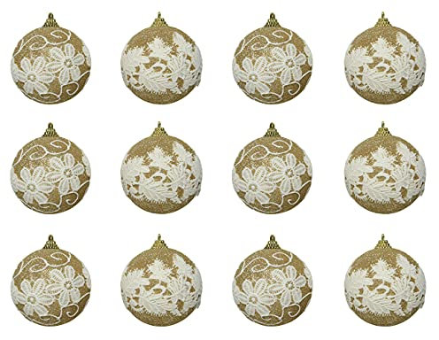 Decoris Julgranskulor plast 8 cm x 12 stycken med spets naturmönster julgranskulor champagne guld