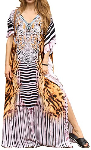 LikeJump Femme Boho Multicolore Kaftan Beach Dress Bikini Cover Ups Kimono Maxi Kaftan Plus Size