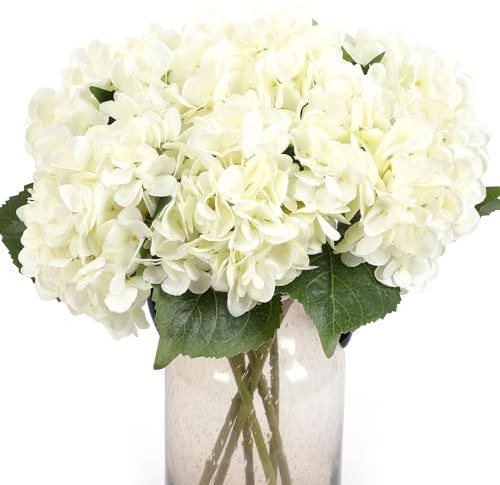Kimura's Cabin 6Pcs Fake White Hydrangea Flowers Artificial Silk Hydrangeas with Stems Faux Hydrangea Bouquets for Wedding Party Arrangements Home Table Centerpieces Baby Shower Decoration (White)
