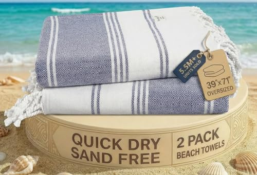 LANE LINEN Beach Towel 2 Pack - Cotton Rich Beach Towels Oversized, Pre-Washed Large Beach Towels, Sandless Beach Towel, Quick Dry Travel Towel, Large Pool Towels, 39x71 - Navy Blazer