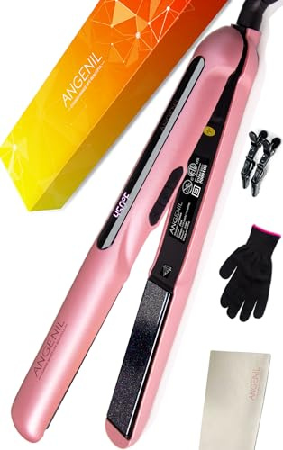ANGENIL Tourmaline Ceramic Titanium Flat Iron, Professional Portable Travel Dual Voltage Hair Straightener 2.5 cm, Adjustable Temp (160℃- 230℃), LCD Display, Round Pink Hair Straighteners for Women