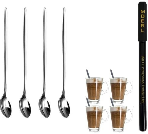 Pack of 4 - Long Handle Stainless Steel Latte Spoons Ideal for Coffee Dessert & Ice Cream Sundae by Kitchen Stars