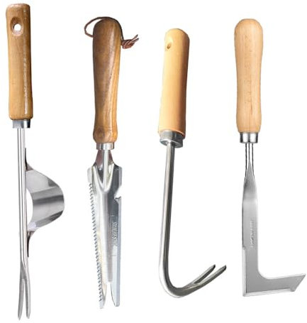 NAVESO 4 Pièce Desherbeur Manuel, Jardinière Manuelle, Outil de Désherbage en Acier Inoxydable, avec Poignée Bois Outil de Jardinage, Outil Gouge de Désherbage, pour Pelouse Et Jardin