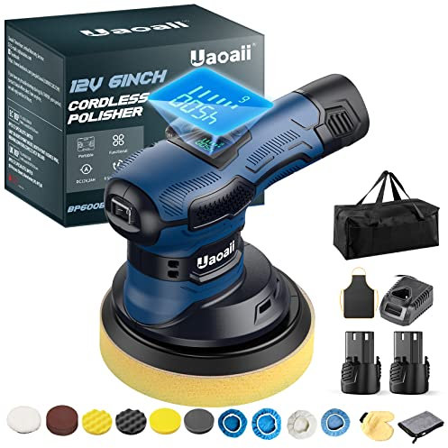 Uaoaii Poliermaschine Auto - BP600B 12 V Akku Poliermaschine 6 Zoll mit LCD-Bildschirm, Poliermaschine Marineblau Orbital 8 mm mit 6 Variable Geschwindigkeiten 2 x 2,0Ah Akkus für die Autopflege