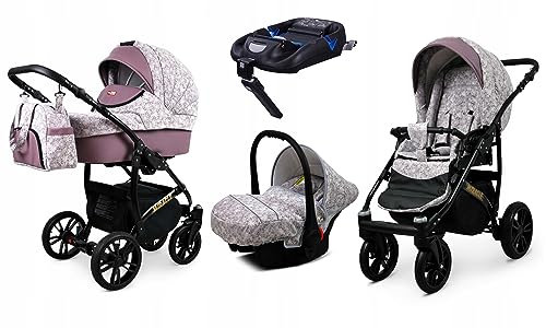 BabyLux® Kinderwagen Set 4 in 1 - Miracle - incl. Babywanne, Buggy Sportsitz, Auto-Babyschale, ISOFIX-Basisstation - Autositz - Kinderwagenset - Kombikinderwagen mit Wickeltasche usw.