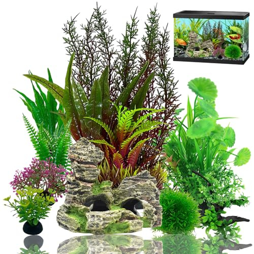 Naturezhen 9 Piezas Plantas Artificiales de Acuario, Decoracion para Acuarios, Plantas Plástico Peceras, Roca de Poliresina, Se Puede Utilizar en Peceras y Acuarios
