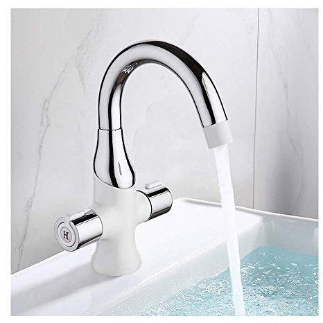 RajoNN 360° Swivel Basin Mixer Tap Single Hole Bathroom Sink Hot and Cold Mixer Lavatory Double Handle Washbasin Sink Brass Vanity, White and Chrome
