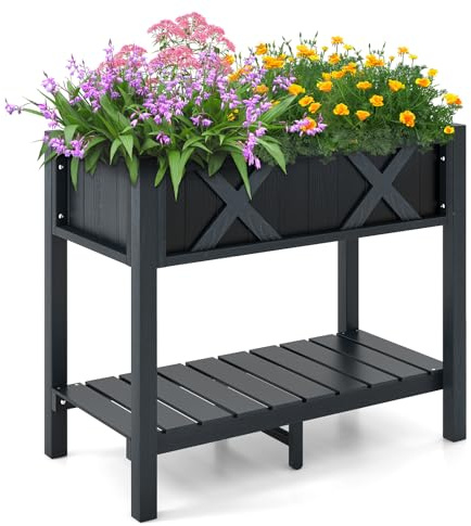 GOPLUS Jardinera Elevada con Estante, Huerto Urbano con Agujeros de Drenaje, Jardinería con Estante Interior para Jardín y Terraza, 86 x 45 x 73 cm