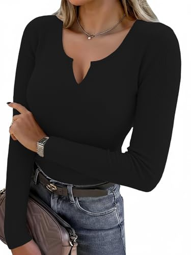Aottori Maglia Donna Maniche Lunghe Scollo a V Costine Elegante | Magliette Cotone, Basic Tops, Shirt Slim Fit, Aderente Elasticizzato, Tinta Unita, Sottogiacca Intimo, Casual