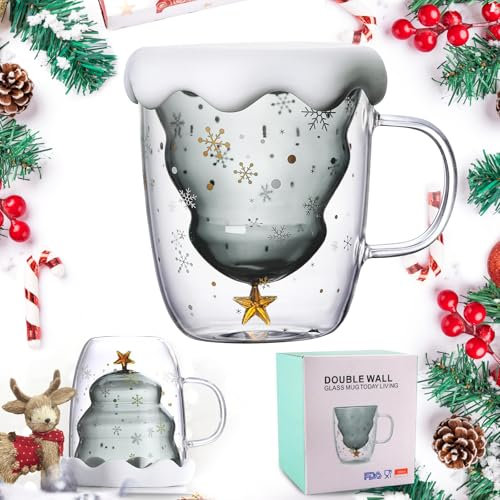 XiXiRan Taza de Navidad de Vidrio, Lindas Tazas de Café, Christmas Coffee Glass, Tazas Expreso, Taza de Leche, Vasos Cafe Cristal, Doble Pared (Gris)