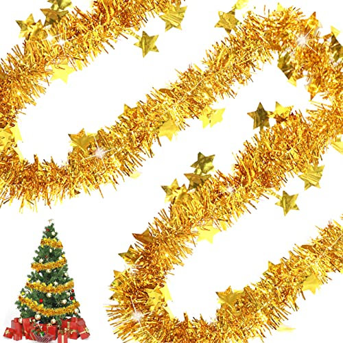 6 Pack Christmas Chunky Tinsel Garlands with Star, Thick Xmas Tinsel Hanging Decoration for Christmas Tree Stairs Decor Xmas Holiday Home Office Indoor Outdoor Party Supplies (Gold)