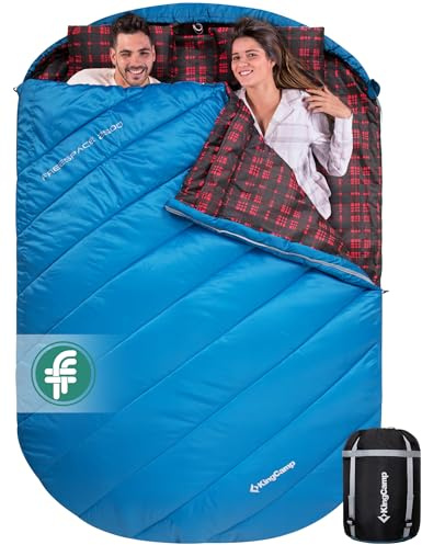 KingCamp Sacco a pelo doppio con cuscino, in flanella, per esterni, sacco a pelo invernale, per 2 persone, adulto, cotone caldo, (Blu)