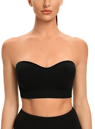 Gnowann Strapless Bras for Women Non-Slip Silicone Bandeau Bralette Seamless Wireless Strapless Bra Padded Tube Top Black L