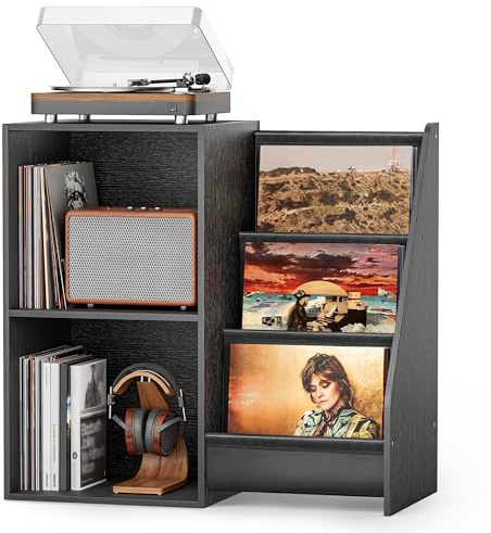 Bikoney Mueble para Tocadiscos con Almacenamiento de Vinilos – Mesa Giradiscos con Estante Expositor, Capacidad para 220 Discos, Consola de Medios para Estéreo y Equipos de Audio (Negro Vintage)