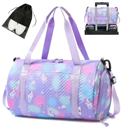 Tokeya Borsone Palestra Bambina Piccola Borsa da Viaggio Unicorno, Impermeabile Borso Piscina Sportiva con Scomparto per le Scarpe e Scomparto Leggera Borsa a Mano Donna per Fitness Travel, Viola