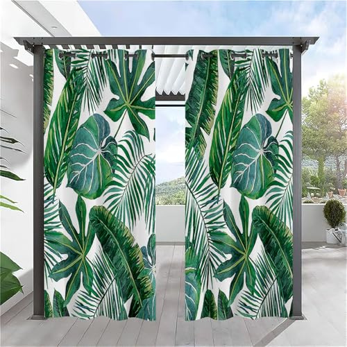 Lot de 2 rideaux d'extérieur imperméables à isolation thermique avec œillets - Motif feuille de bananier - 137 x 243 cm