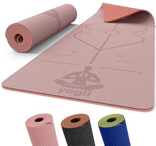 Yogii Yoga Mat - Non-Slip 6mm Thick TPE & Travel-friendly Yoga Mat - Perfect for Home & Gym Exercise Fitness & Pilates - With Laser Alignment Guides (Nude/Old Rose) for Men & Women