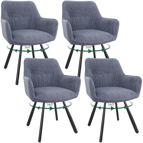 WAFTING Chaise Salle à Manger,Chaise pivotante 360°avec accoudoirs,Chaise Velours de Cuisine Rembourrées avec Dossier Convient Aussi au Salon et la Salle de réception,Lot de 4, Gris