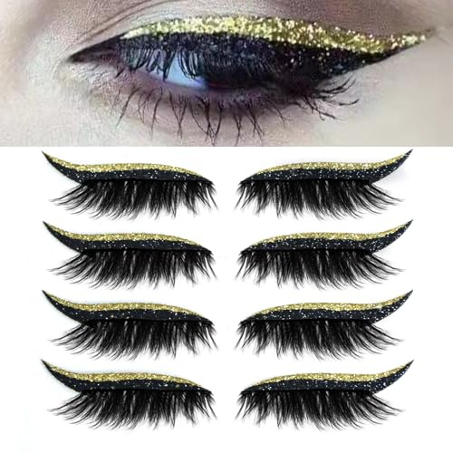 Parche de Pestañas Lazy Eyeshadow, 4 Pares de Pestañas Adhesivas Postizas, 2 en 1 Reutilizables, Pegatinas de Maquillaje para Sombras de Ojos - Naturales Impermeables(4 pairs of gold)