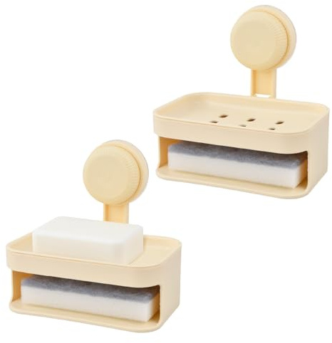 Jabonera Baño Plastico 2 Piezas Jabonera De Ducha con Ventosa, Jaboneras con Desagüe, Soporte para Pastillas De Jabón, Jaboneras Ducha Sin Taladro, con 2 Esponja, para Baños Y Cocinas (Blanco)
