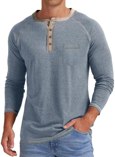 JMIERR Mens Long Sleeve T Shirt Henley Tops Casual Pullover V Neck Tee Shirt Button up Tops with Pocket,Blue,Large