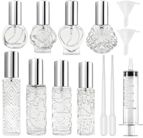 Maxumille 8 Pzs Atomizador Perfume de Vidrio 8~15ml con 5 Accesorios, Portatil Pulverizador Perfume Recargable, Pequeño Atomiser de Viaje para Aceites Esenciales, Frasco Pequeño para Mujeres o Niñas