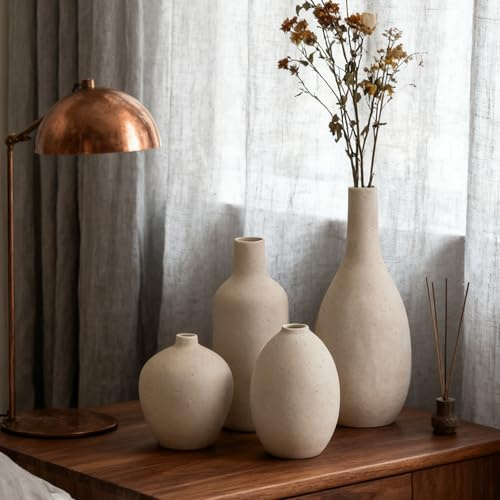VASETOPIA Vasi in Ceramica, Set di 4 Vaso Beige Domestica Decorativo per Camera da Letto, Soggiorno (09 Beige)