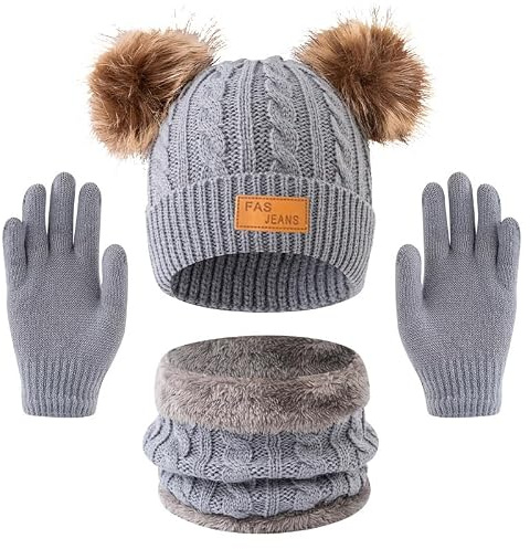 3 en 1 Bonnet Enfant Fille, Ensemble Bonnet-Echarpe-Gants Enfant Hiver, Tour de Cou avec Doublure, Ensemble d’Hiver pour Fille et Garçon