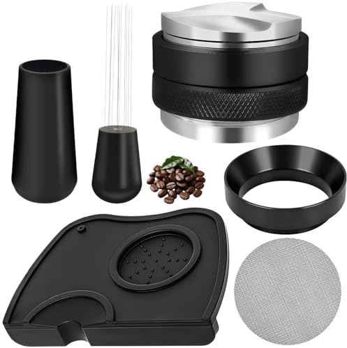 NUANJUYU Juego de barista profesional de 5 piezas de 51 mm: con distribuidor pesado de doble cara (plano/curvo), herramienta WDT, dispensador, colador y tapete de apisonamiento antideslizante