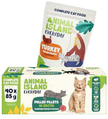 Animal Island Everyday Våtfoder för Katter med Kalkon Mjuka Köttbitar i Aromatisk Buljong Komplett Foder i Portionspåsar för Vuxna Katter, 40 x 85g