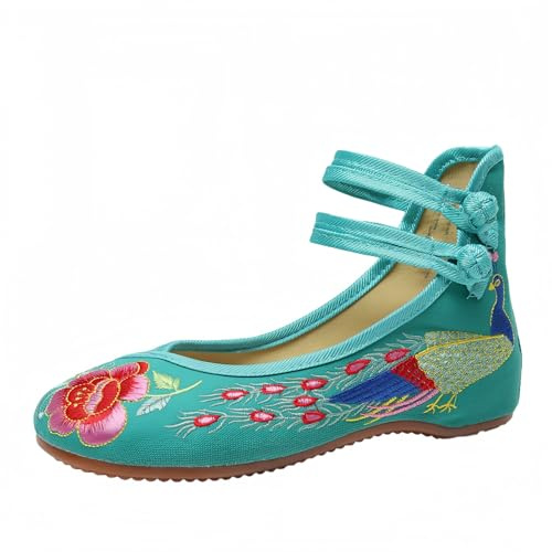 Jemnpela Mujeres Chinos Bordados Florales cuña Zapatos asiáticos Tradicionales Mary Jane Brida Ballet Yoga Zapatos de Lona con Goma Suela botón de Rana