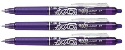 Pilot FriXion Clicker 0.7mm Tip Erasable Ink Gel Pen Tattoo Design Violet Ink - Set of 3 - Supplied Loose