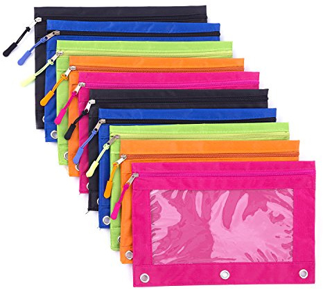 DoDoMagxanadu Binder Pencil Pouches, Pencil Pouch for 3 Ring Binder, Clear Window Zipper Pencil Case Bluk 10 Pack 5 Colors for Office School College Supplies