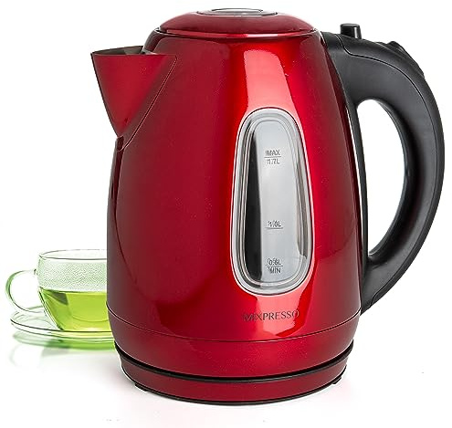 Mixpresso Red Stainless Steel Electric Kettle, 1.7L Cordless 1500W