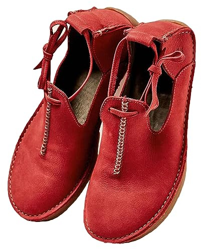 SIULAS medeltida PU-läderskor med platt botten – renässans häxstövlar med låg klack – steampunk retro casual läderstövletter – dam läderskor med rund huvud, röd, 40