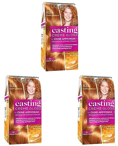 L'Oréal Paris Coloration ohne Ammoniak und ohne Silikone, Pflegende Intensivtönung mit Glanz-Reflex-Balsam, Casting Crème Gloss Haarfarbe, Nr. 834 Kupfergoldblond, 1 Stück (Packung mit 3)
