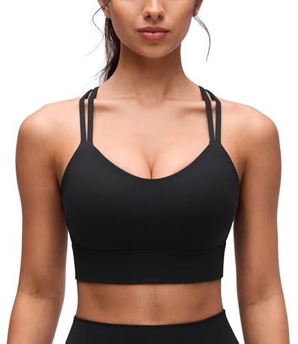 CRZ YOGA Softness Mold Butterluxe Strappy Longline Sports Bras for Women - Double Spaghetti Strap Workout Yoga Crop Top Black Medium